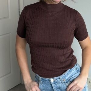 Vintage Y2K Out of the Blue Brown 100% Silk Cable Kit Mockneck T-Shirt Small